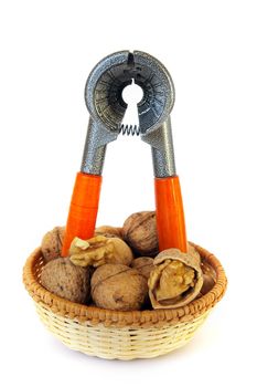 Nutcracker, walnuts and hazel isolated on white background
