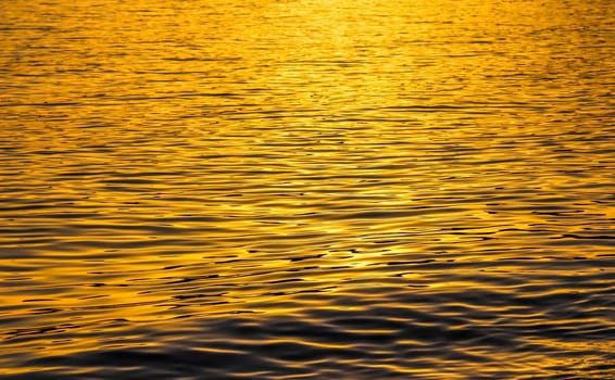 Golden sea waves in sunset glow as surface background. Summer holidays and coastal nature concept