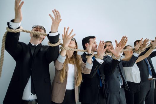 group of business people with a blank hand asking for help