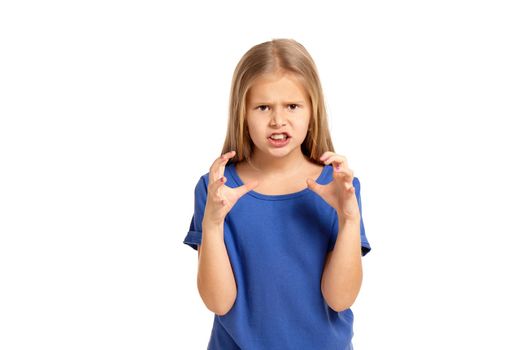 Portrait of adorable little girl isolated on a white background. in blue t-short with long white hair is angry