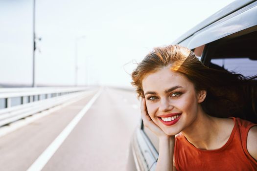 joyful woman trip travel fun vacation nature. High quality photo
