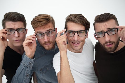 group of serious men in glasses, isolated white background
