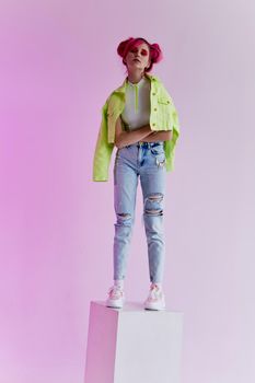 pretty woman green jacket fashionable clothes studio model. High quality photo