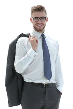 smiling businessman holding a jacket over his shoulder.isolated on white background