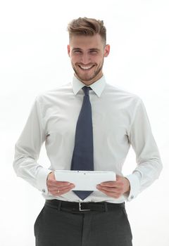 in full growth. modern businessman with a digital tablet.isolated on white background