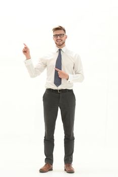 Smiling businessman pointing fingers at white space.photo with text space