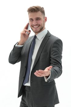 close up.smiling businessman talking on a mobile phone.isolated on white