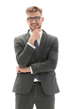 in full growth.portrait of a young thoughtful businessman.isolated on white background