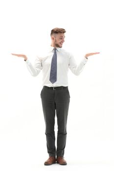 Charming businessman stretching out his palms with empty space .photo with text space