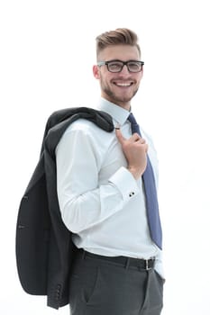 confident businessman holding a jacket over his shoulder.isolated on white background