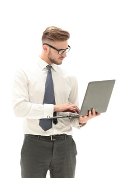 businessman using laptop, isolated on white .photo with copy space