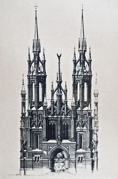 old drawing of catholic castle like church by unknown author