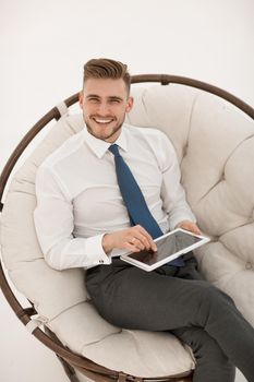 close up. businessman pressing on screen digital tablet.photo with copy space