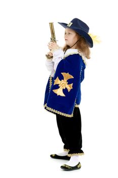 Cheerful little girl dressed as a musketeer. Concept theater, holidays. Isolated on white background.