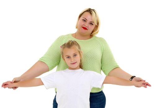 Happy family mom and little daughter hold hands. Isolated on white background.