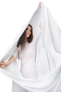 Romantic beautiful woman wearing white dress isolated