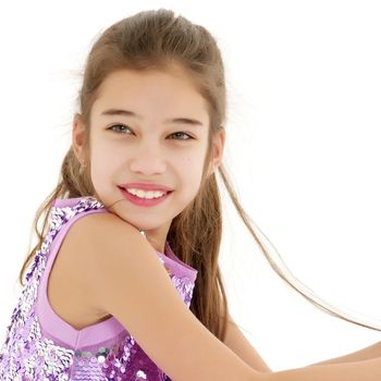 Beautiful little girl close-up. The concept of beauty and fashion, happy childhood. Isolated on white background.