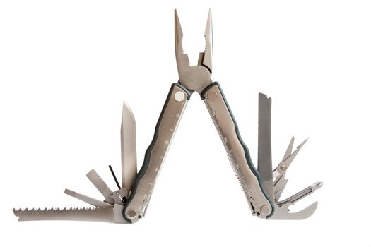 photo of  fully unfolded leatherman multitool  isolated on white background