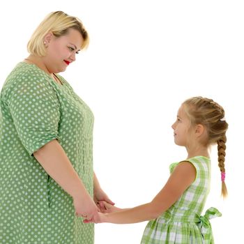 Happy family mom and little daughter hold hands. Isolated on white background.