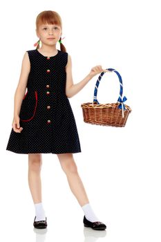 A little girl with a wicker basket made of willow twigs. The concept of family rest, harvesting, picking mushrooms and berries. Isolated over white background