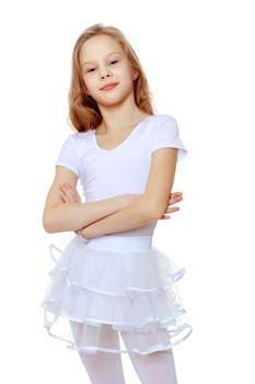 Little girl gymnast in a beautiful sports swimsuit for competitions, close-up. The concept of sport and fitness, a happy childhood. Isolated on white background.