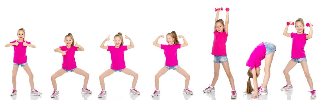 Beautiful little girl shows her muscles. The concept of strength, health and sport. Isolated on white background.