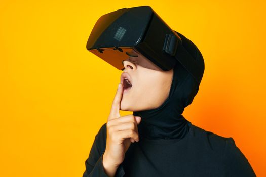 cheerful woman technology simulator device gaming studio lifestyle. High quality photo