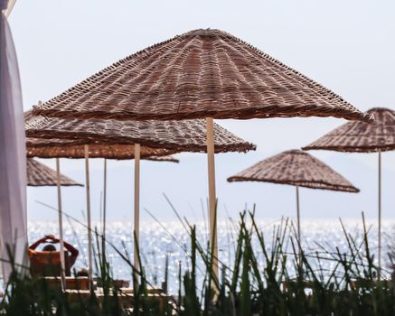 Green grass and beach sunshades against the backdrop of the shining blue sea. Summer vacation concept