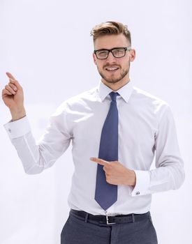 close up.business man points his fingers to the right side.isolated on white