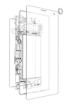 Disassembled smartphone concept outline. 3d illustration. Wire-frame style