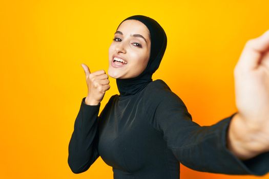 Muslim fun ethnicity model posing emotions studio lifestyle. High quality photo