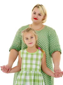 Happy family mom and little daughter hold hands. Isolated on white background.