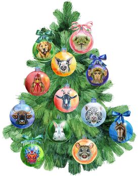 Watercolor illustration. Christmas tree decorated with christmas balls with chinese zodiac animals. Template for the design of posters, cards, invitations