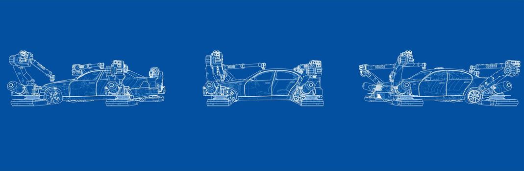 Assembly of motor vehicle. Robotic equipment makes Assembly of car. Blueprint style. 3d illustration