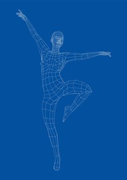 Wireframe ballerina or dancer in dance pose. 3d illustration