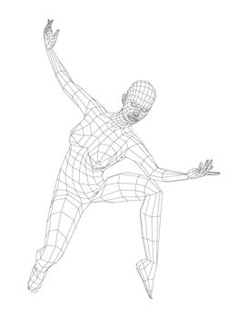 Wireframe ballerina or dancer in dance pose. 3d illustration