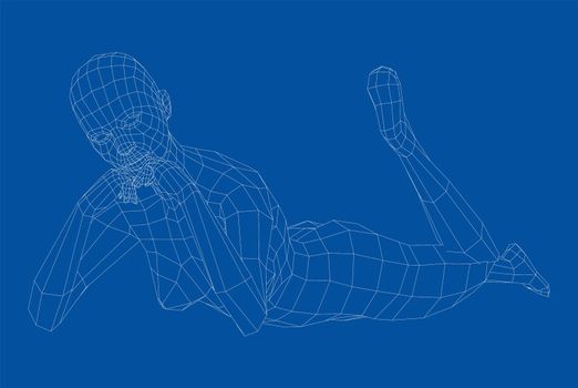 Wireframe girl rested her chin in her hands and lifted her leg. 3d illustration