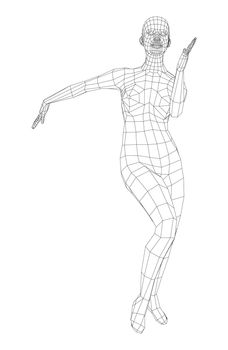 Wireframe ballerina or dancer in dance pose. Female dancing salsa. 3d illustration