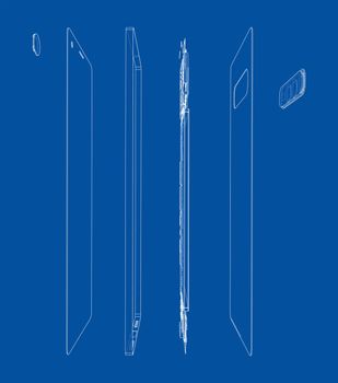 Disassembled smartphone concept outline. 3d illustration. Wire-frame style