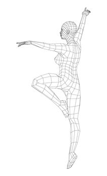 Wireframe ballerina or dancer in dance pose. 3d illustration