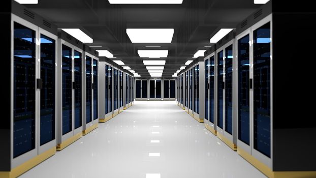 Server racks in server room cloud data center. Datacenter hardware cluster. Backup, hosting, mainframe, mining, farm and computer rack with storage information. 3D rendering. 3D illustration