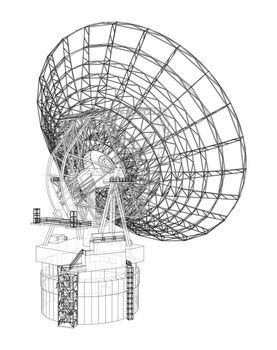 Radio Telescope concept outline. 3d illustration. Wire-frame style