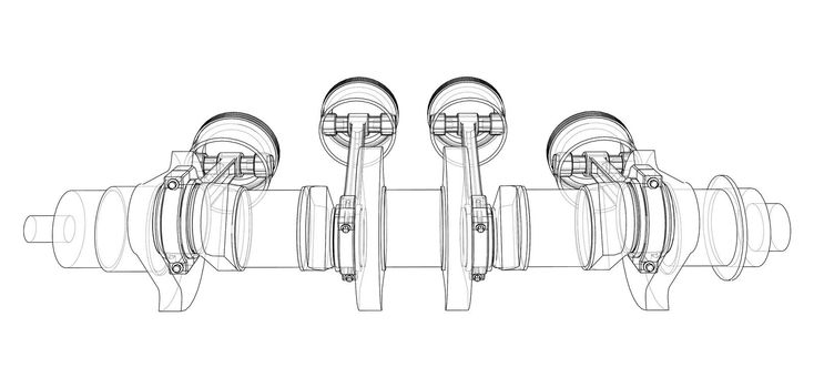 Engine crankshaft with pistons outline. 3d illustration. Wire-frame style