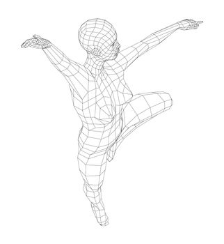 Wireframe ballerina or dancer in dance pose. 3d illustration