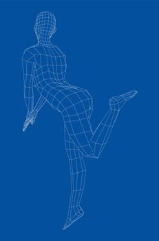 Wireframe girl posing in a sexy pose. Stands on tiptoe, lifted one leg. 3d illustration