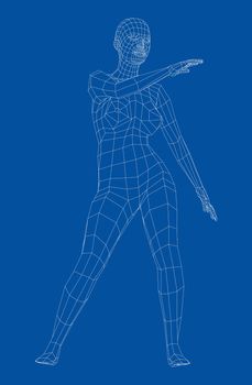 Wireframe ballerina or dancer in dance pose. 3d illustration