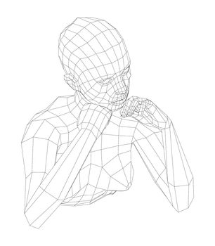 Wireframe girl rested her chin in her hands. 3d illustration