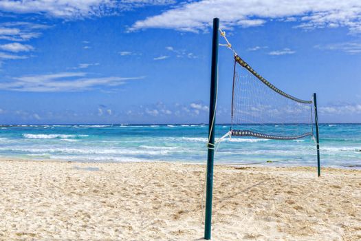 Lonely volleyball net on a sandy beach, on the shores of the tropical sea. The concept of outdoor activities, sports.