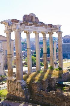 Antique ruins of Roman Forum in Rome, Italy. Concept of ancient landmarks and historical places of Europe.