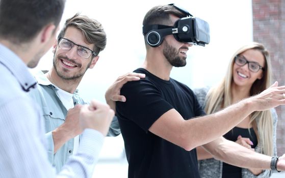 Portrait of man scientist is examination model virtual reality glasses., Science and research concept.